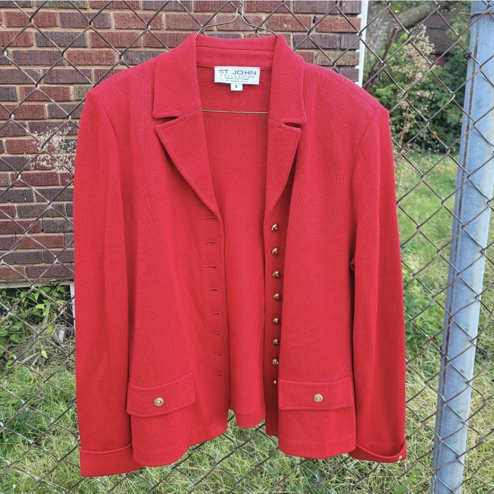 ST. JOHN Collection Red Knit Vintage Blazer Jacket Sweater Size 8 Please Read